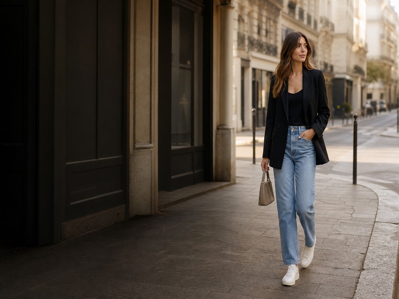 Femme en blazer noir dans une rue de ville