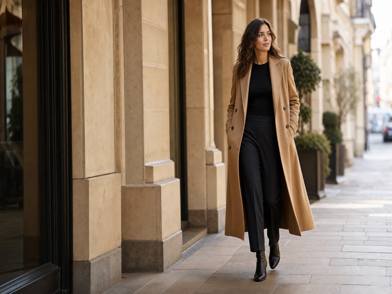 Look femme urbain, manteau camel